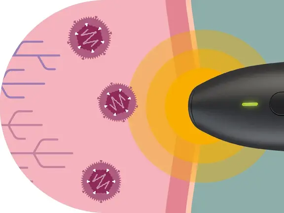 Abbildung eines Geräts, das ein Signal in Richtung virusähnlicher Partikel auf einer Oberfläche aussendet, wobei konzentrische Kreise das Signal anzeigen und auf dem Gerät ein gelbes Licht leuchtet.